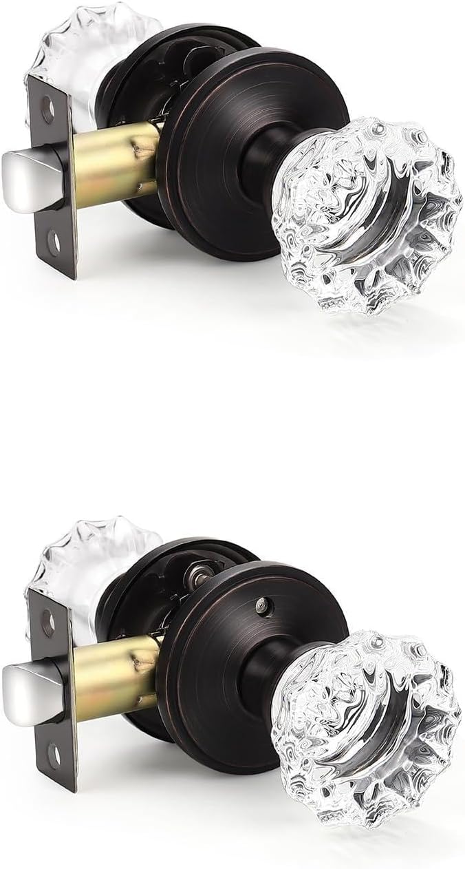KNOBWELL 1 Pack Glass Passage Door Knob for Passage Hallway Closet and 1 Pack Crystal Privacy Door Knob for Bedroom Bathroom