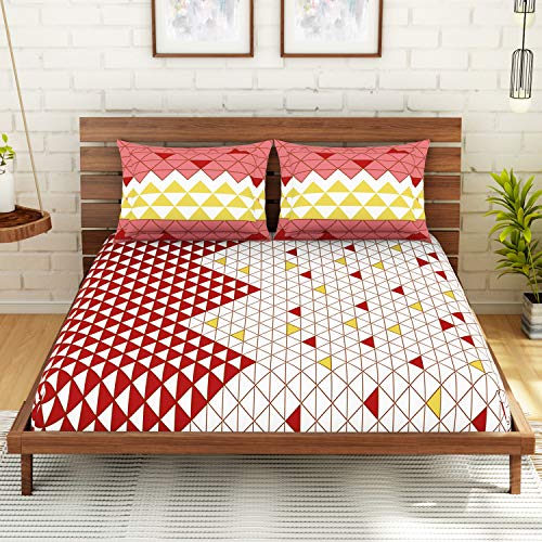Image of Spaces Atrium Plus 100% Cotton Queen Size Fitted Double Bedsheet with 2 Pillow Covers Soft Feel Skin Safe Breatheable Fabric (Geometric, 152 cm x 198 cm + 30 cm) - Red