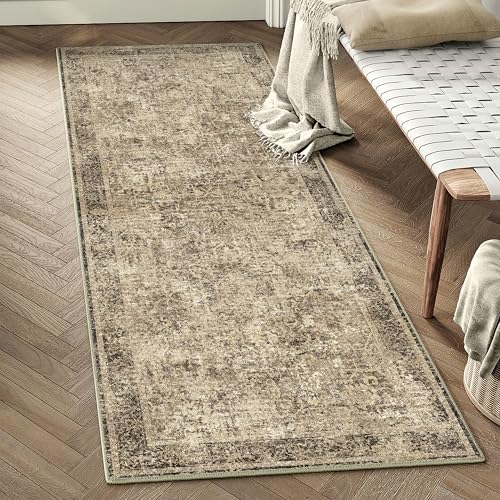 2x6 Runner Rug Washable Vintage Neutral Indoor Hallway Carpet Non Slip Brown Bedroom Low Pile Kitchen Distressed Long Retro Accent Throw Rug for Bathroom Dining Laundry Living Room