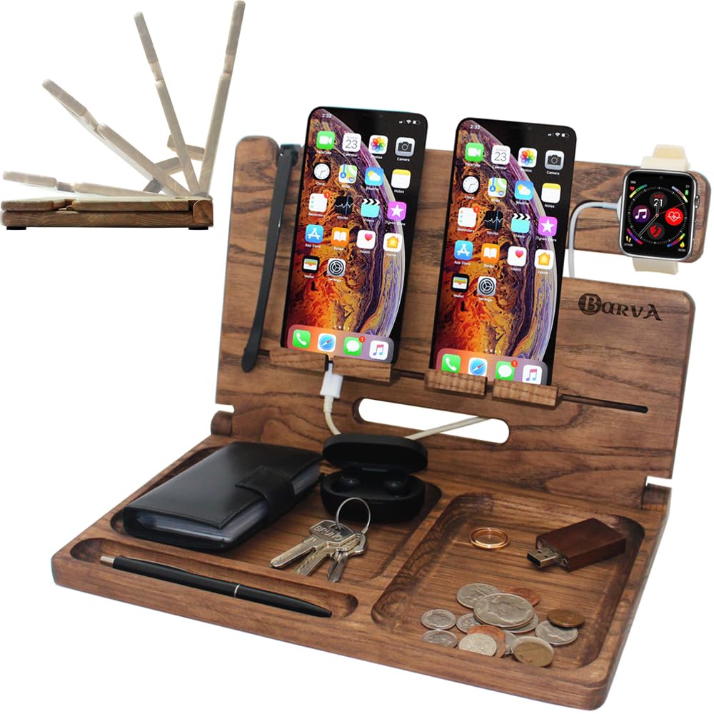BarvA Two Phone Docking Station | Foldable Night Stand Desk Organizer | Rustic Nightstand Organizer | Tablet Smart Watch Earbuds Charging Station | Dresser Phone Stand | Bed Room Decor Gifts for Men