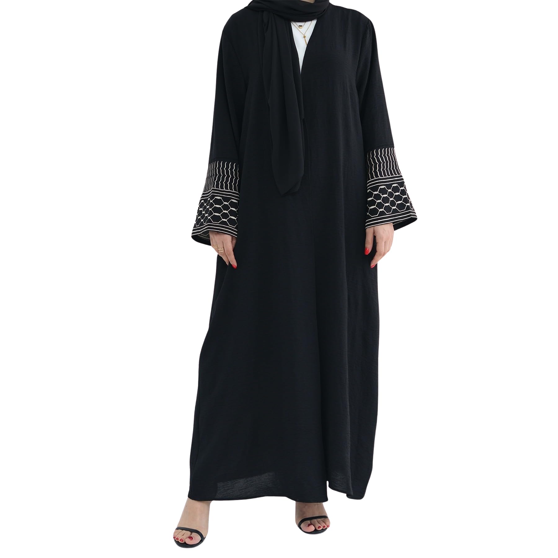 HUSN Emerald Long Cardigan Open Front Abaya Dress - Women Lightweight Duster Cardigan with Geometric Middle Easter Embroidery