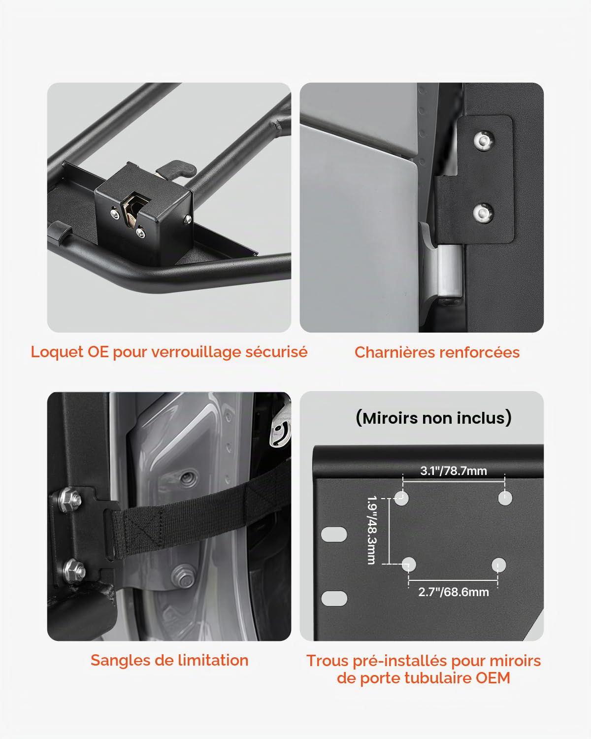 VEVOR Tube porte pour Jeep, 4 portes, porte tubulaire pour Jeep de style aventure avec charnières robustes, loquet OE, coussinets en caoutchouc et tube en acier trempé, pour Jeep Wrangler JK 2007-2018