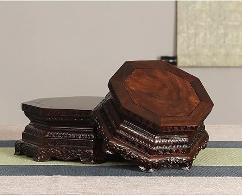 Vista 3 de GOLDY&WENDY Base de madera de ébano octogonal Lotus tallado florero Guanyin Buda estatua escultura soporte de exhibición pedestal