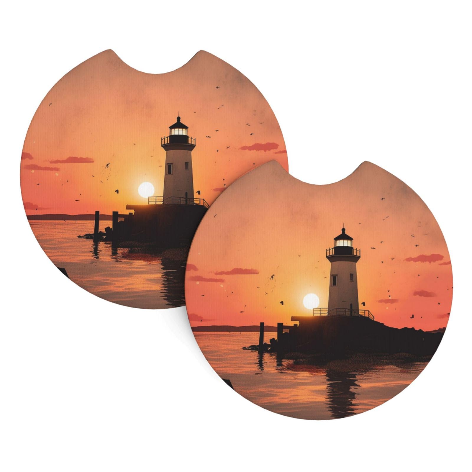 2 Pack Car Coaster for Cup Holders Lighthouse Sunrise Car Cup Coaster 2.7" Neoprene Non-Slip Automotive Cup Mat Universal Auto Car Interior Accessories for Women Men Cup Pad