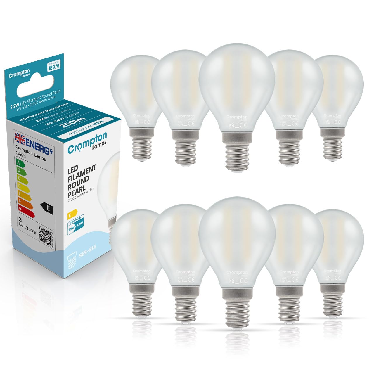 Crompton Lamps Filament Golfball LED Light Bulb SES-E14 | 2.2W = 25W Equivalent | Warm White 2700K | Energy Efficient | Small Screw Lightbulb | Long Life 15,000-Hrs | Pearl Glass | 10-Pack