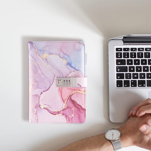 Miniatura 6 de Diario de mármol con cerradura para niñas y mujeres, diario de cuero A5 con cerradura para adolescentes, cuadernos secretos con bloqueo de