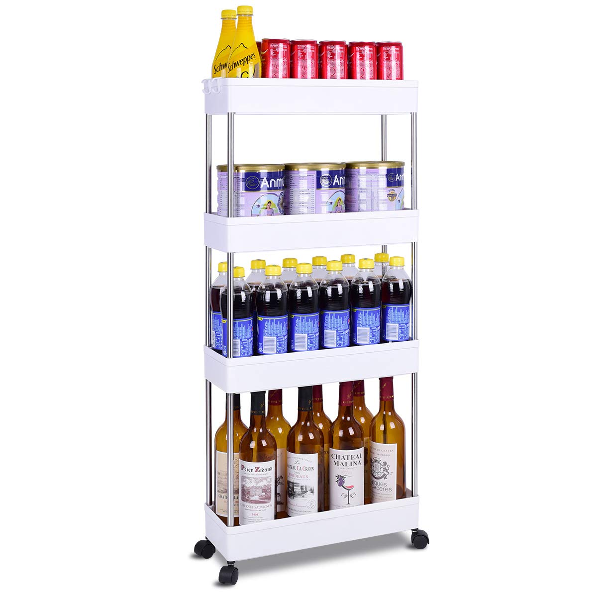 Gap Slim Storage Cart, Mobile Shelving Unit Organizer, Slide Out Storage Pantry Trolley, Rolling Utility Cart Tower Rack for Kitchen Bathroom Laundry Narrow Places, White (4 Tier)