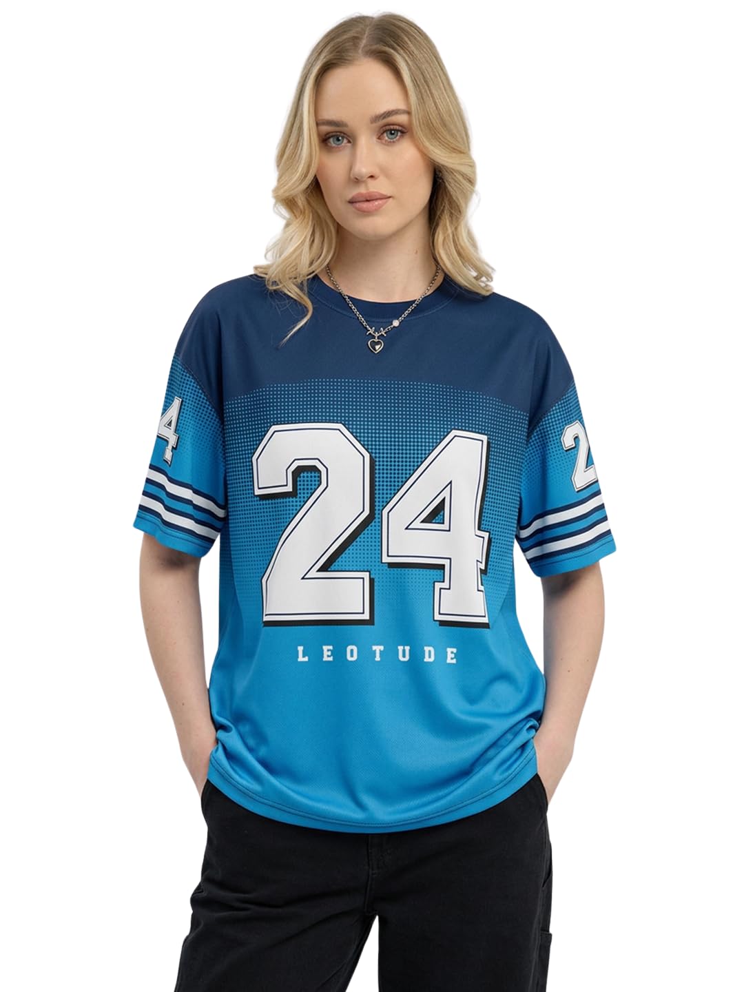 leotude Women's Oversized Sports Jersey T-Shirt | Half Sleeve Crew Neck Streetwear Tee | Breathable Quick Dry Polyester Casual Sports Wear | Trendy Top for Women's (Color : Blue)-picture-56