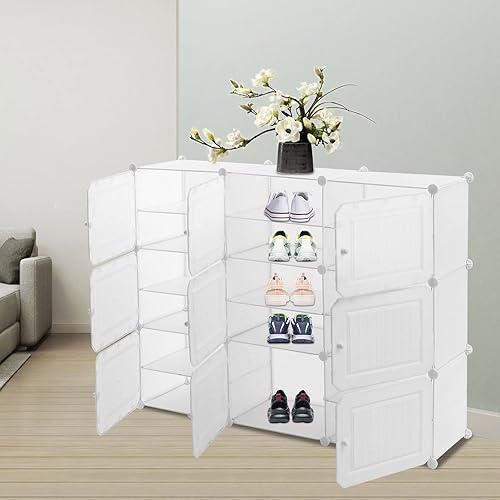 Miniatura 2 de LOYALHEARTDY Zapatero portátil organizador de 36 pares de zapatos de bricolaje, estante de almacenamiento de zapatos de plástico blanco con cubierta