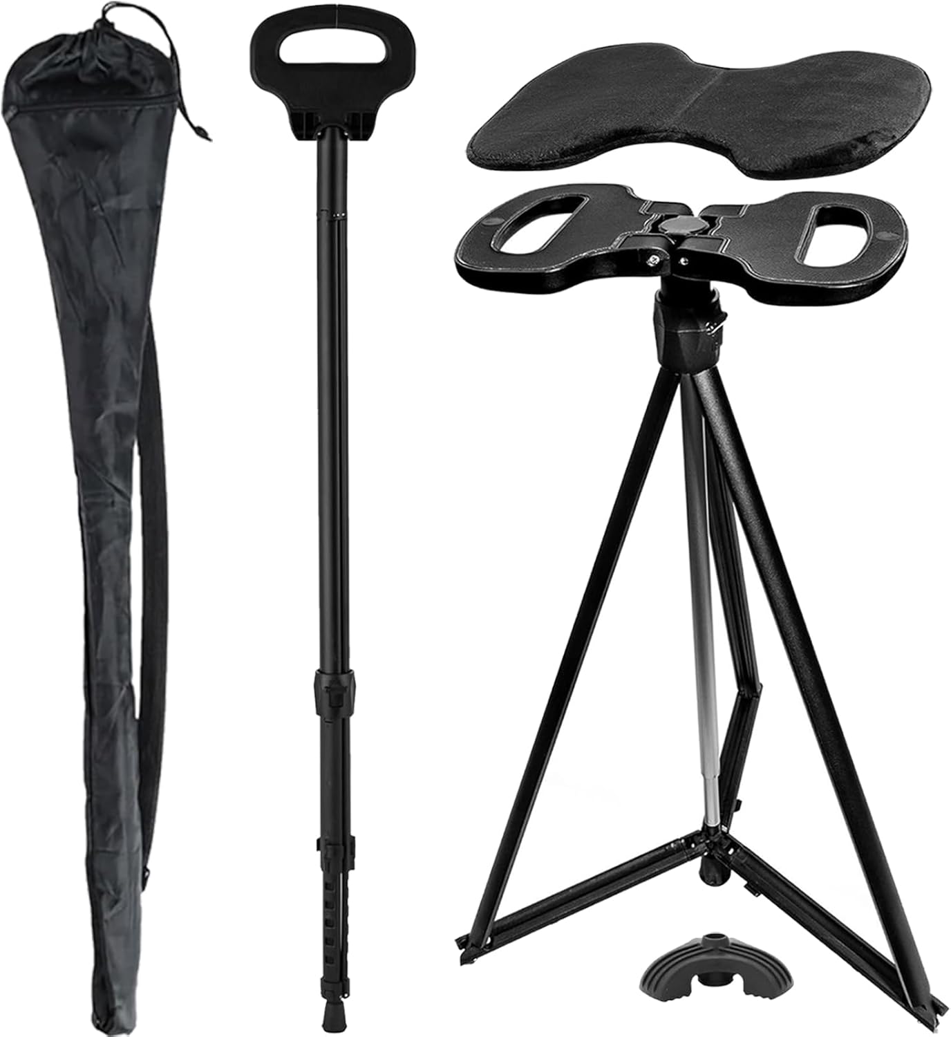 ALEVMOOM Walking Cane with Seat Folding Lightweight, 2-in-1 Cane Stool for Adults, Aluminum Walking Stick with Seat, Portable Stool for Senior, with Carry Bag Adjustable Height-Black