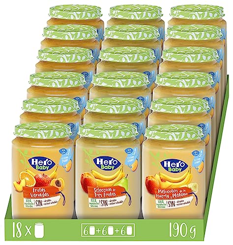 Hero Baby - Caja Mixta de Tarritos Frutas, 6 Tarritos de Frutas Variadas y 6 Tarritos Selección de Tres Frutas y 6 Tarritos de Melocotón de la Huerta y Plátano, Sin Azúcar Añadido, Pack de 18x190 gr