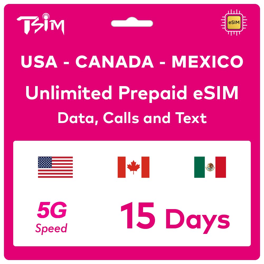 TSIM Prepaid USA eSIM 15 Days | Unlimited 4G/5G High-Speed Data in the USA + 5GB High Speed Data in Canada & Mexico | Unlimited Local Calls + Free Incoming Calls & SMS