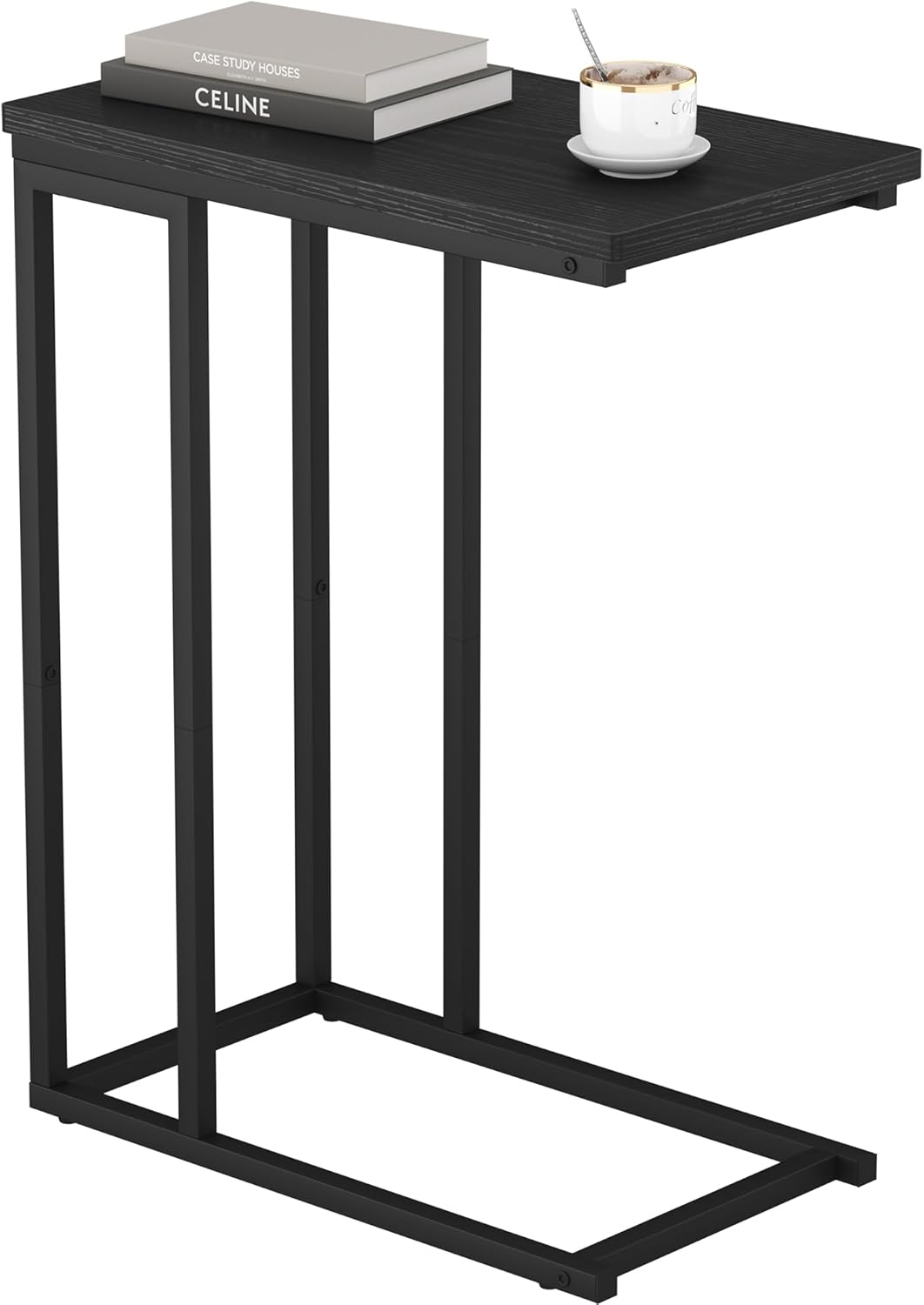 HOMEFORT Narrow C Shaped End Table Compact with Fabric Storage Organizer Sofa Side Slim Space Saving Bedside Nightstand Black