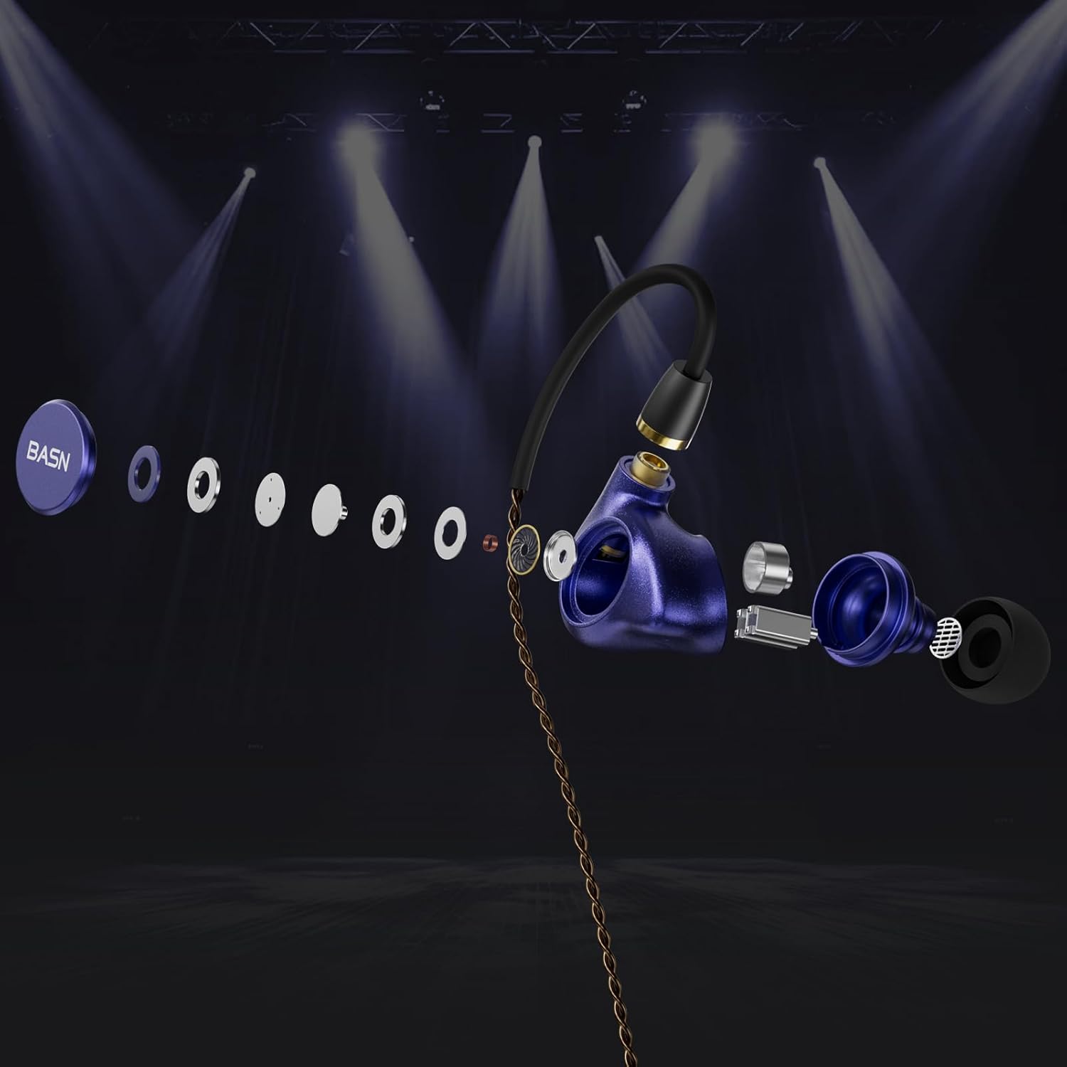 BASN Metalen 4 Drivers in-Ear Monitor Headphones, Noise Isolating IEMs with Deep Bass, for Musicians Singers Drummers Bassists(Sapphire Blue)