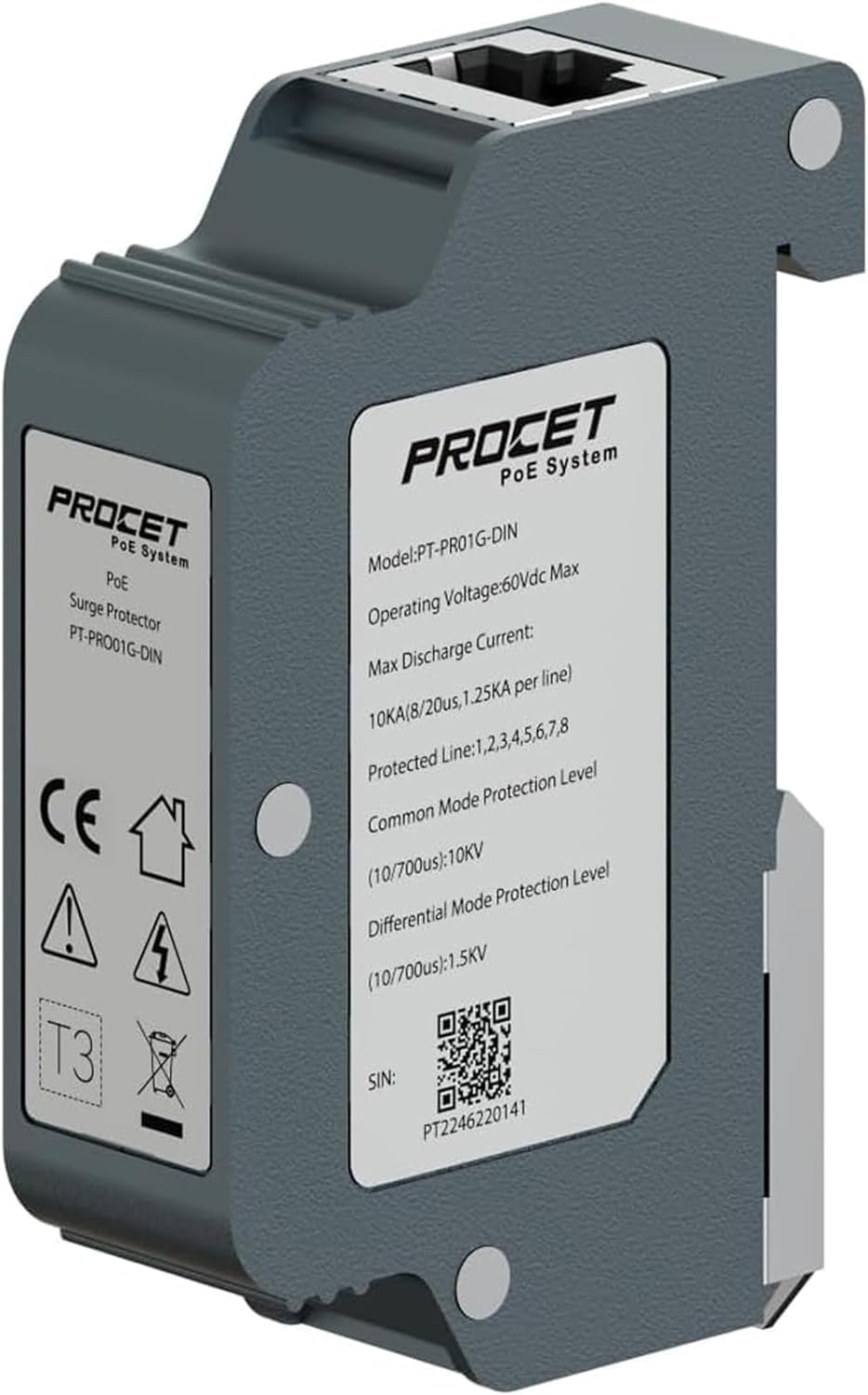 PROCET Ethernet Surge Protector DIN Rail Gigabit - 20KV Industrial Lightning Arrestor for -40°F to 185°F, 120Wmax 10 Gbps PoE++ RJ45 Surge Protector, Gas Discharge Tube（GDT）, PT-PR01G-10-DIN