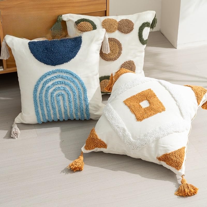 1/2 szt. kremowe boho poszewki na poduszki dekoracyjne 45 x 45 cm pętelkowe poszewki na poduszki frędzle lniane kwadratowe poszewki na poduszki na sofę do sypialni