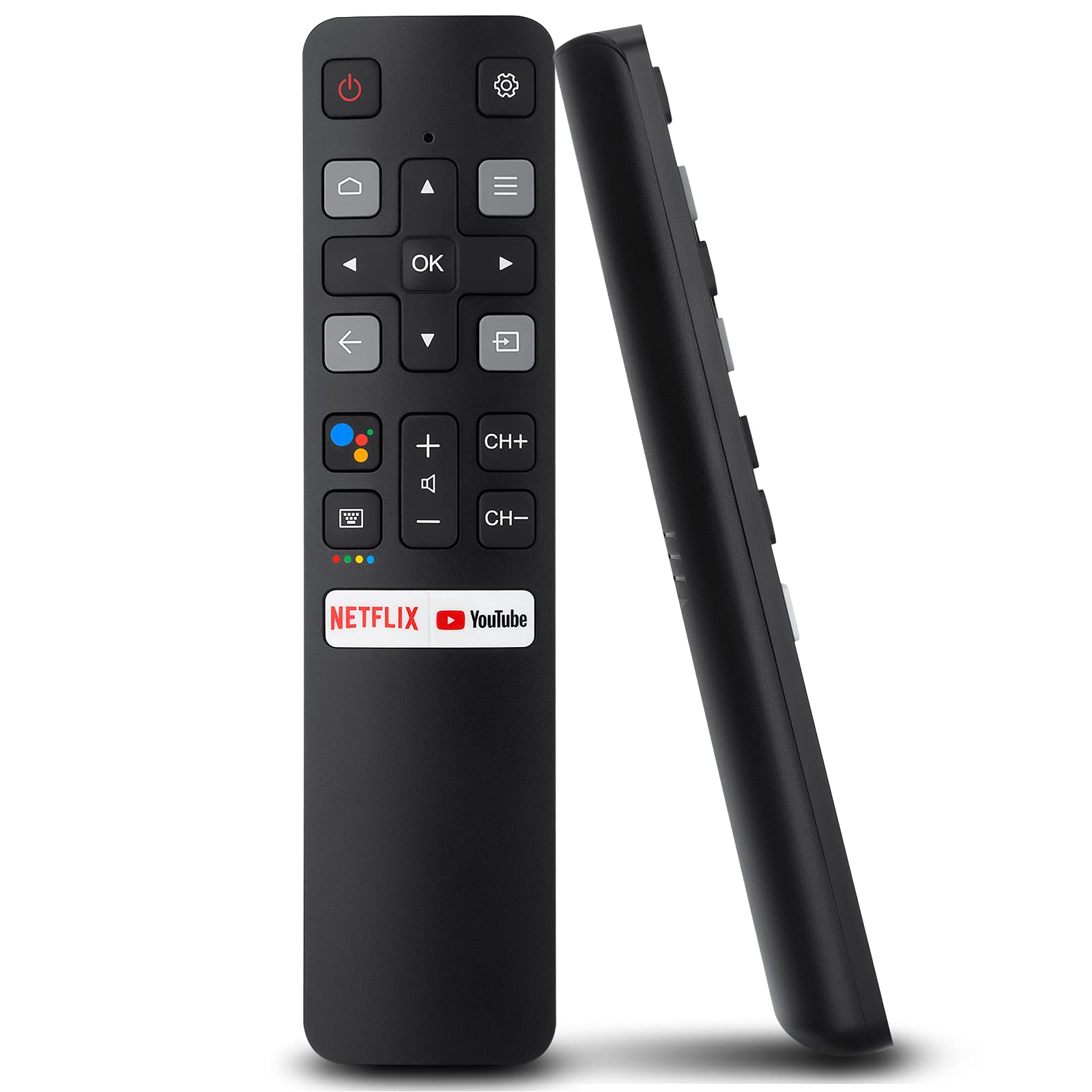 Remote control with voice control feature, showing Google Assistant button and voice input