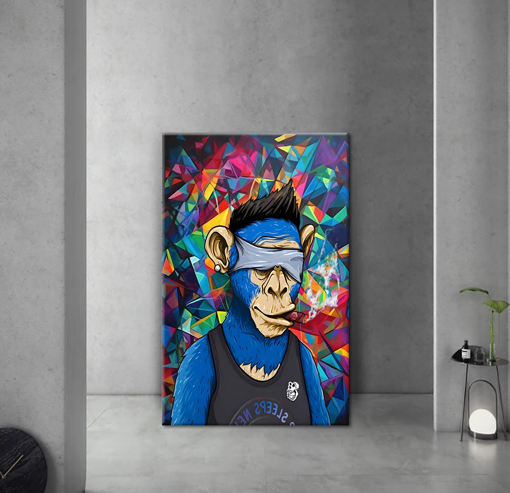 Amazon.com: 塗鴉牆藝術時尚猴子圖片牆壁裝飾NFT 風格海報塗鴉背景海報藍猴子吸煙雪茄畫畫布印刷品藝術木製裱框可懸掛- 28 x 44