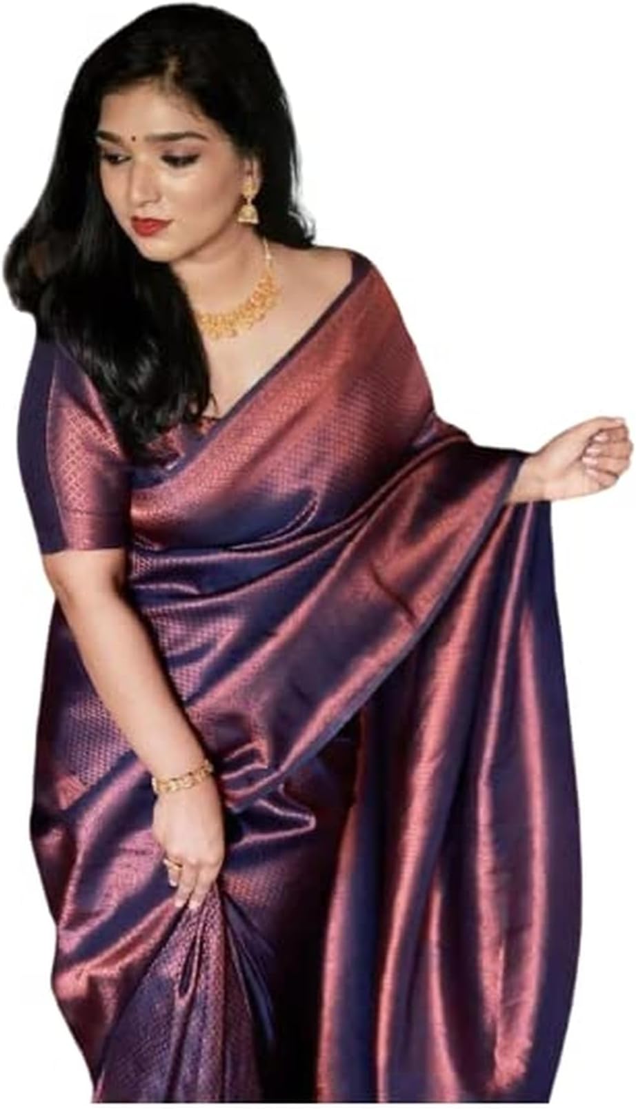 Women's NavyBlue Copper Kanjivaram Banarasi South Indian Traditional Soft Lichi Silk Saree With Un-stitched Blouse Piece, Multicolour, Saree - 5.50 Meter , Blouse 0.80 Meter