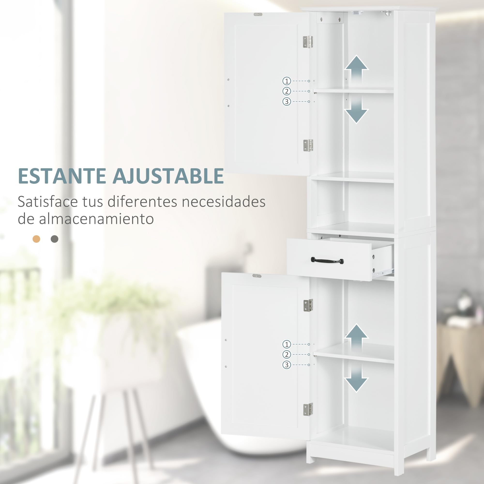 kleankin Columna de Baño Armario de Baño Alto con 2 Puertas 1 Cajón Estante Abierto y Estantes Ajustables Antivuelco 40x30x164 cm Blanco