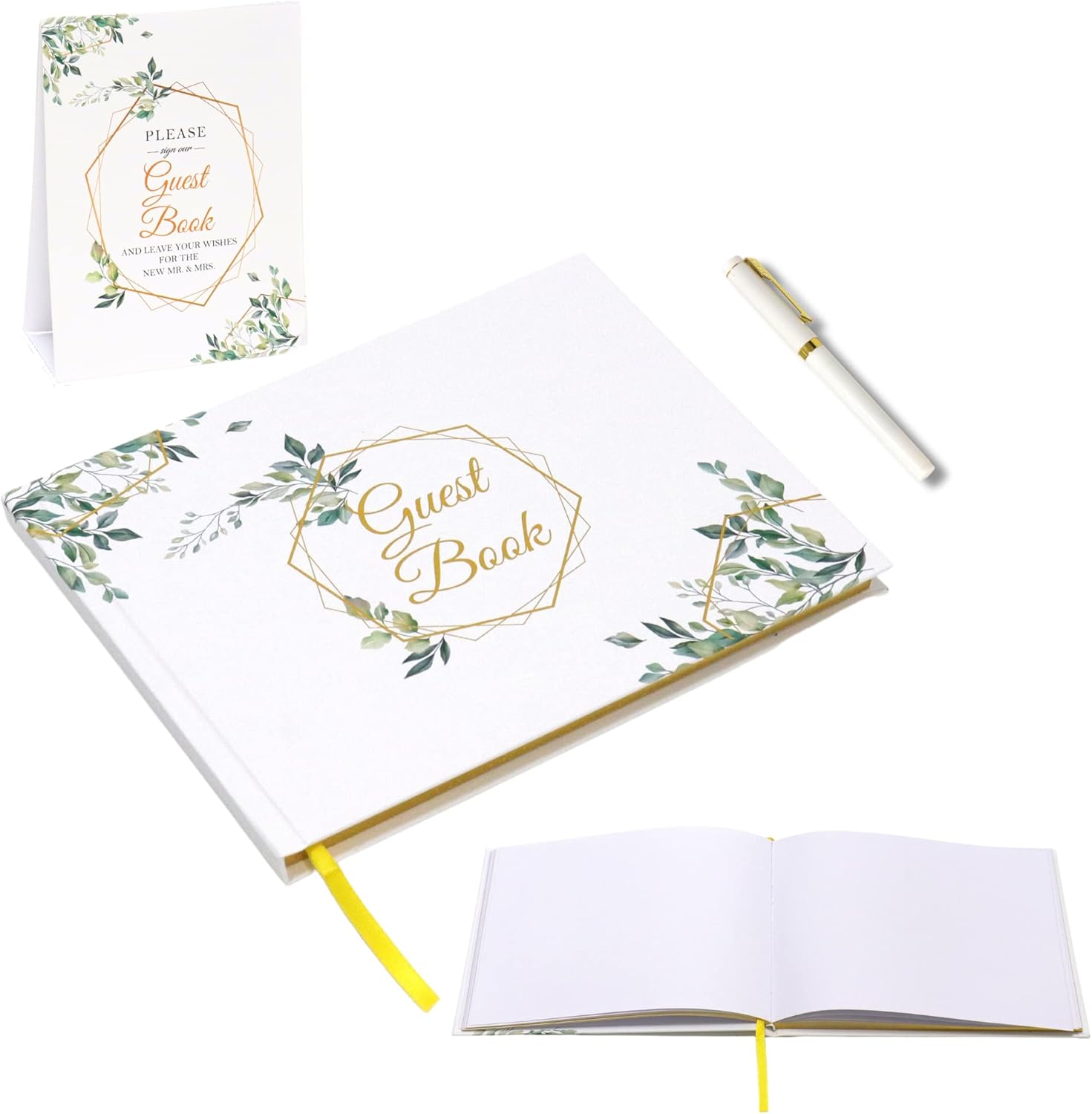 Libro de invitados de boda con bolígrafo y letrero para recepción con impresión de lámina dorada  9 x 7 pulgadas, 120 páginas de tapa dura Polaroid,