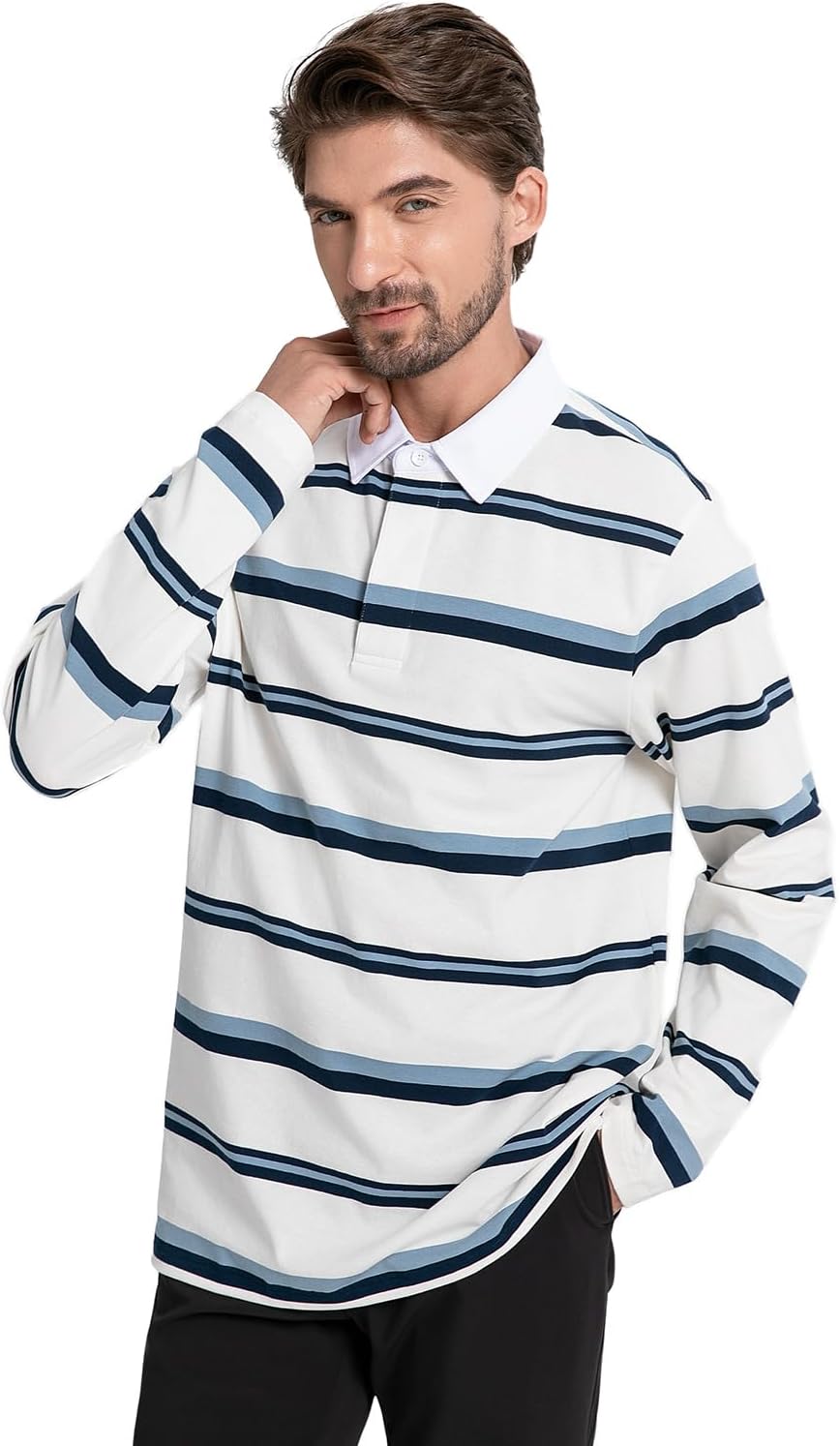 Mens Polo Shirts Striped Cotton Moisture Wicking Classic Collared Casual Golf Shirts for Men - Image 2