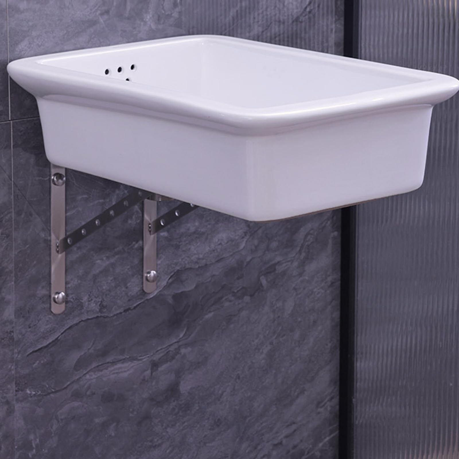 Evier en Céramique Lavabo Mural avec Trou de Trop-Plein Éviers de Cuisine Bonde de Grand Diamètre avec Support en Acier Inoxydable Arrondis du Lavabo(53x43cm/20.9x16.9)