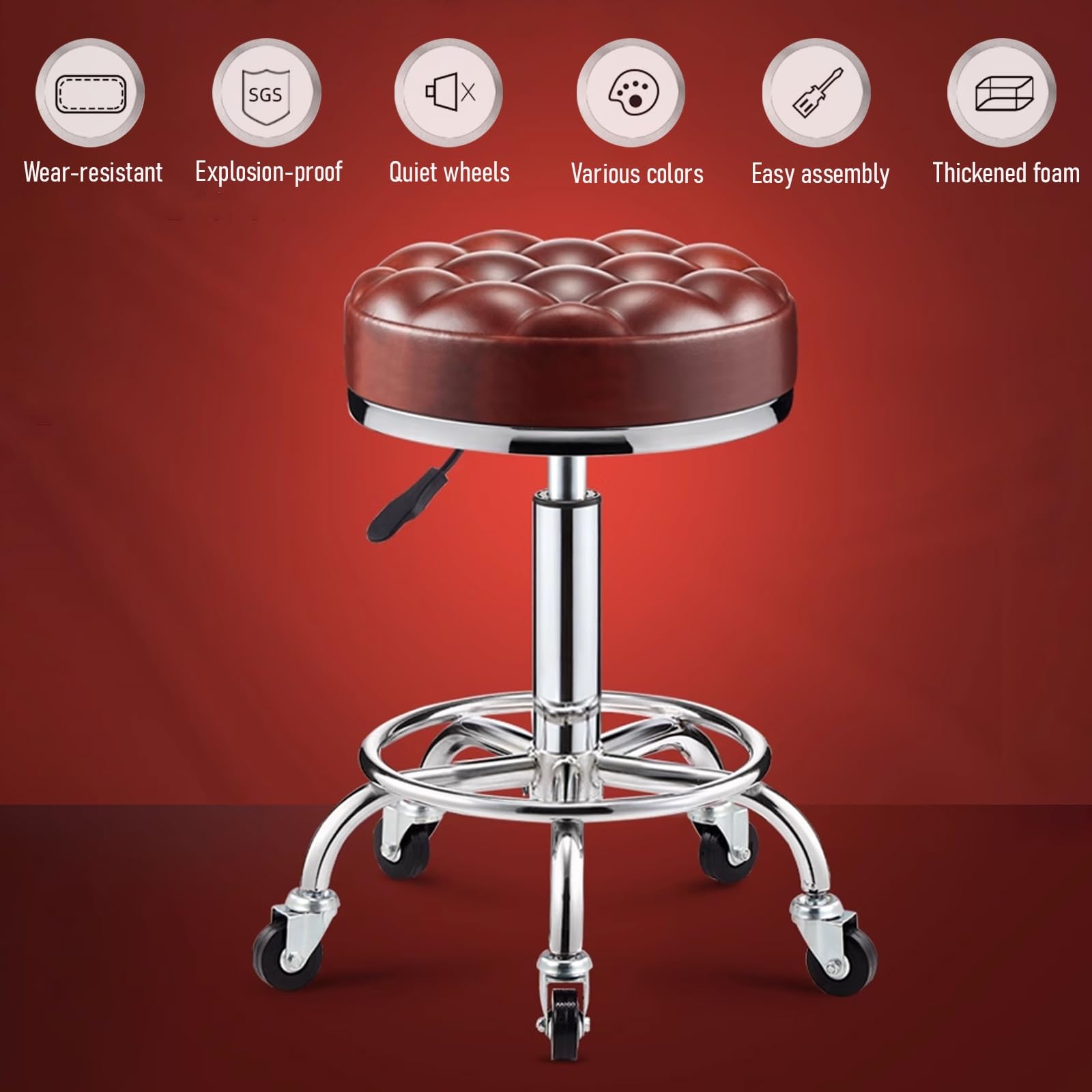 Taburete Giratorio con Ruedas y Reposapiés Taburete Peluqueria Profesional Regulable Altura 42-55cm, para Trabajo, Estudio, Oficina, Clínica(Red)