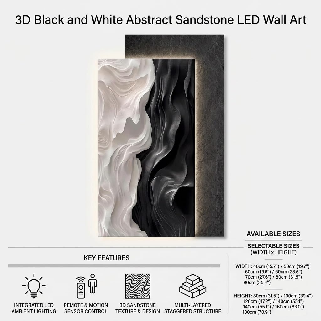 Arte de Pared 3D LED con Arenisca Natural, Relieve Abstracto con Luz