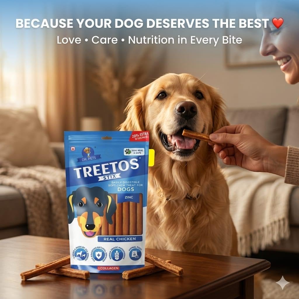 Dr. Pets Pack of 3 (85g Each) Treetos Chicken Stix Dog Treats | Real Chicken Flavour | Soft Chew Sticks for Puppies & Adult Dogs | Training Reward Snacks | Easy to Chew | Pouch Pack 4