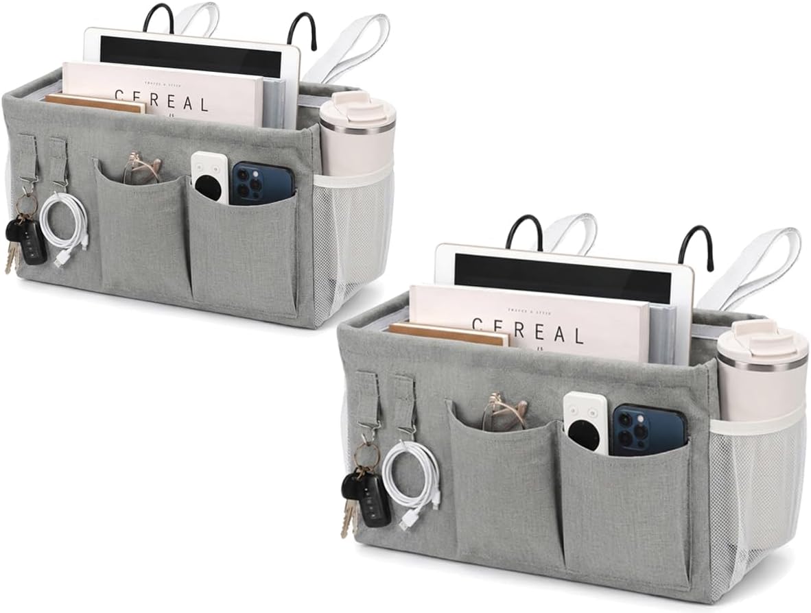 1pc Bedside Caddy Organizer with Hooks, No-Sagging Canvas Hanging Bed Pocket with Water Bottle Holder, Bedside Storage for Dorm Room Essentials, Bunk Bed Accessories, Hospital Bed Rails & Crib (gray)