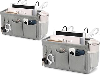 2pc Bedside Caddy Organizer with Hooks, No-Sagging Canvas Hanging Bed Pocket with Water Bottle Holder, Bedside Storage for Dorm Room Essentials, Bunk Bed Accessories, Hospital Bed Rails & Crib (gray)