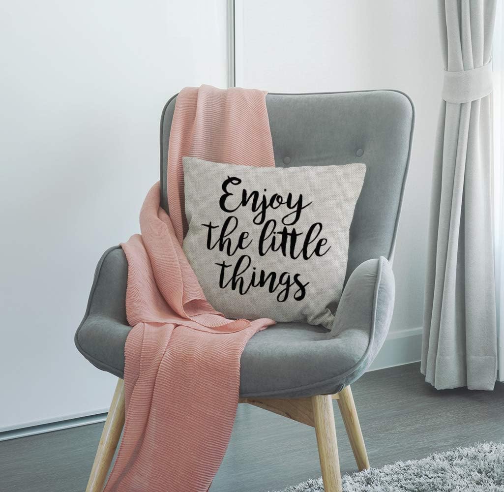 SSOIU Quote Saying Decor Throw Pillow Covers Enjoy The Little Things with Motivational Words Cotton Linen Decorative Pillow Covers for Home Sofa Bed Room Pillowcase 18"x18" - Image 4