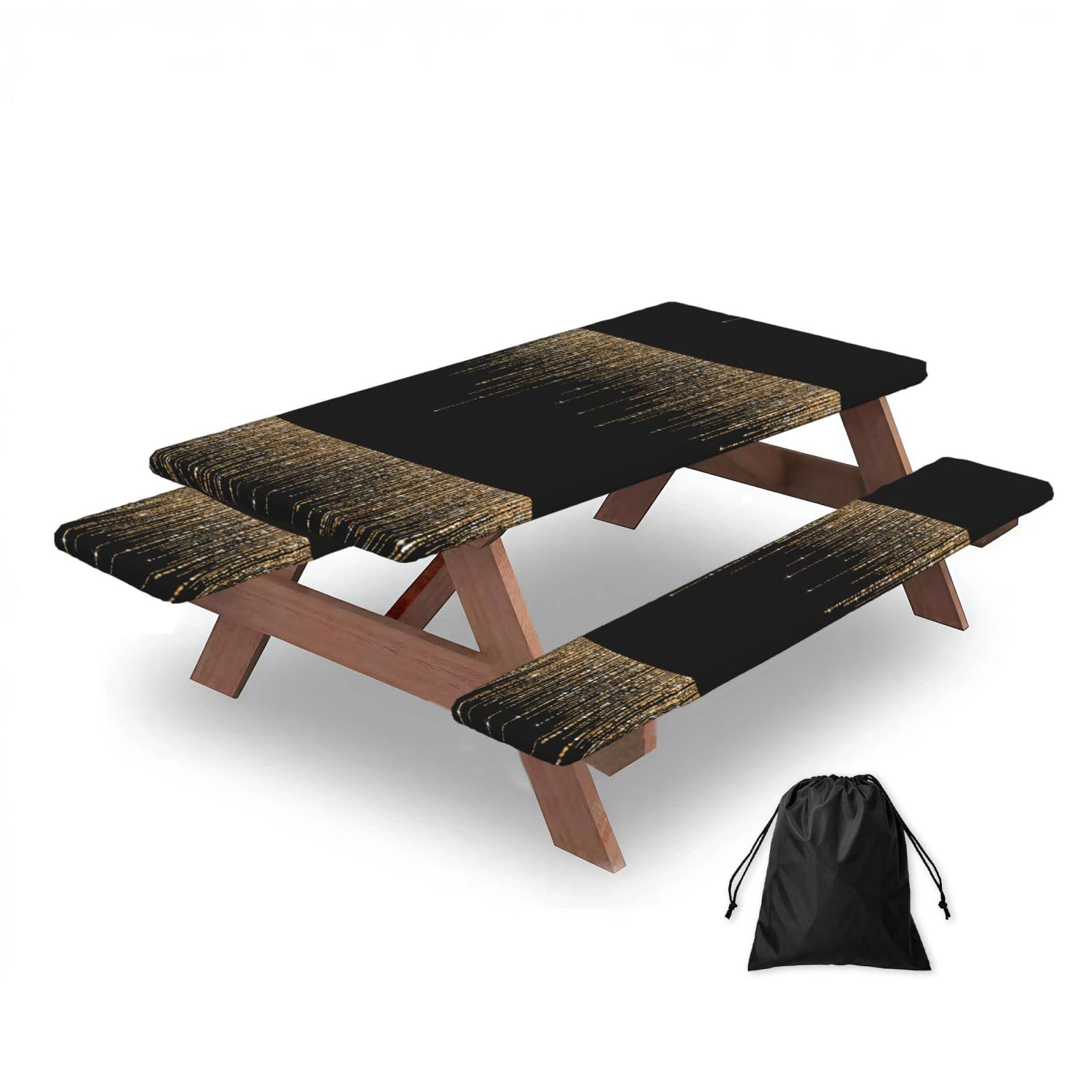 Dopklna As Picture Black Gold Sparkly Glitter Fringe, Picnic Table Cover With Bench Covers -Waterproof Elastic Fitted Tablecloth For Garden Camping Patio 76X152cm