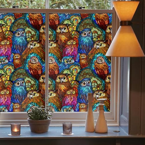 Vinilo decorativo para ventana efecto vitral búho 15.7x118in miniatura 3
