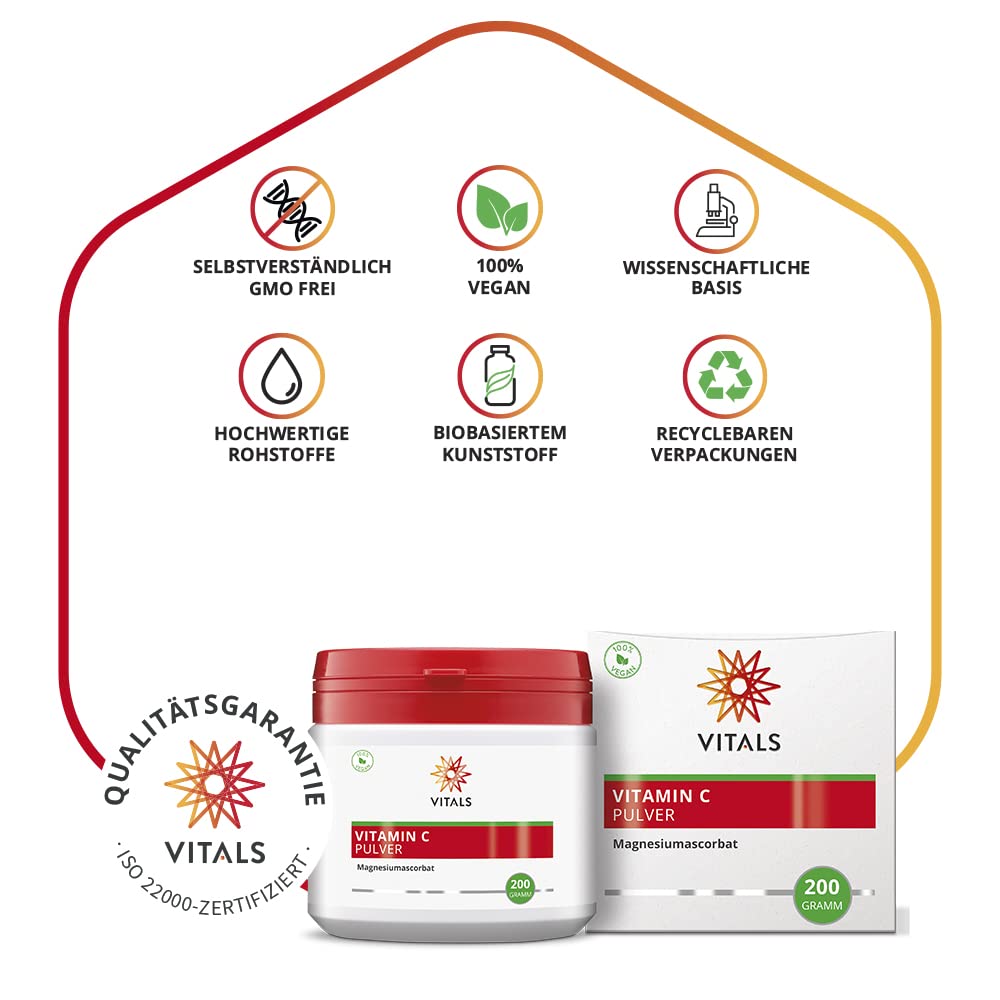Vitals - Vitamin C Pulver Gepuffert, 200 gramm (Magnesiumascorbat). 100% Vegan. Ohne Hilfsstoffe mit 1800 mg Vitamin C und 130 mg Magnesium pro Messlöffel.