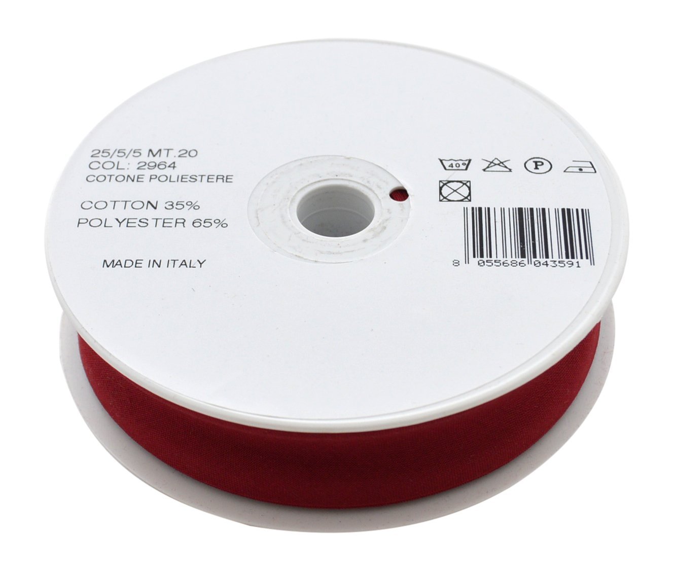 Inastri 25/5/5 mm Polycotton Bias Binding-Col. xx-RED-20m Roll, Polyester Cotton, Dark Red, 11x11x3 cm