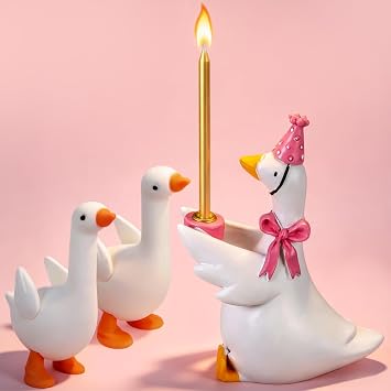 FoldTier Goose Cake Candle Holders with Birthday Candle and 2 Mini Silly Goose Figurines Birthday Party Supplies Cute Rubber Figurines Cake Topper Stand Candlestick for Party CelebrationPink