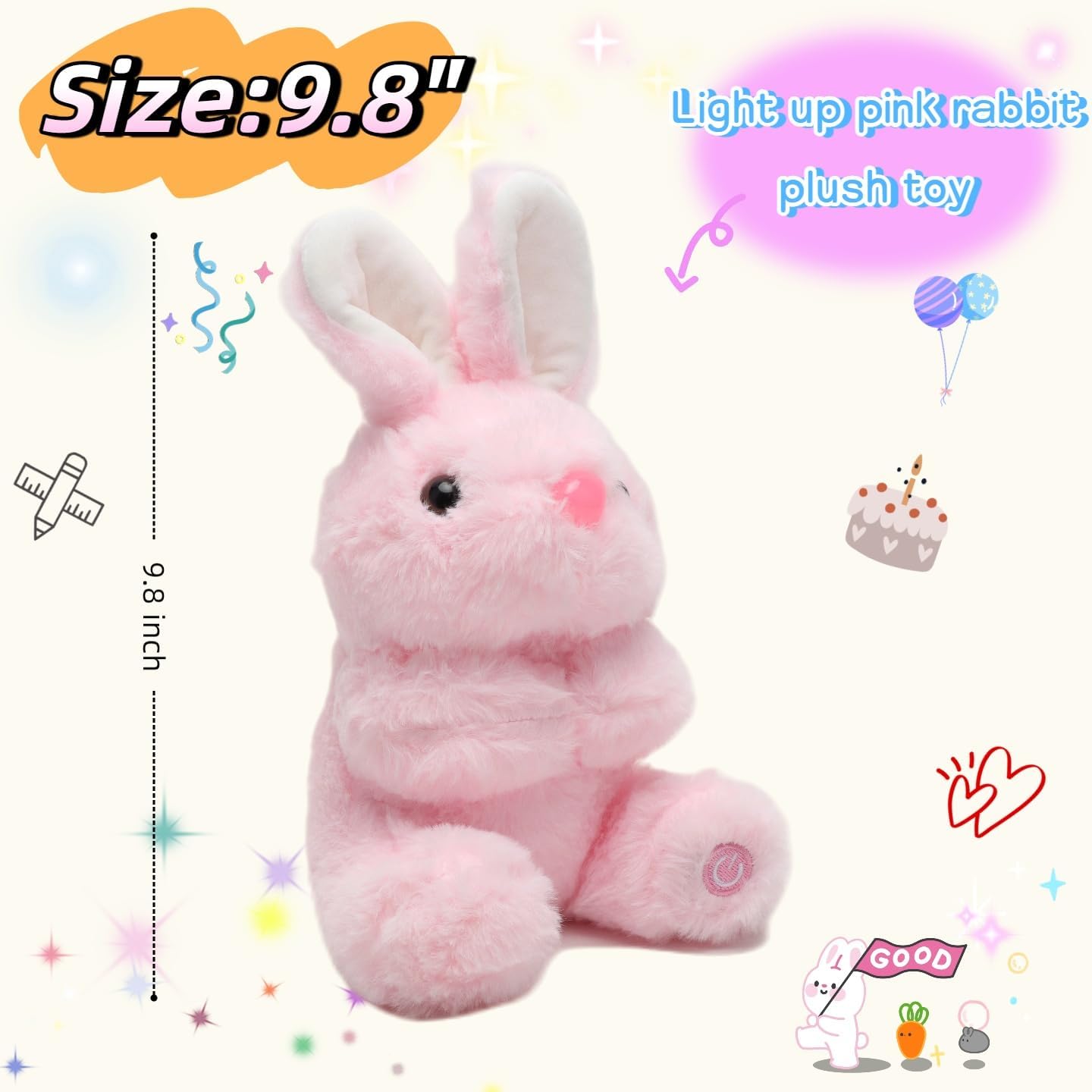 9.8'' Pink Light-Up Bunny Plush Toy, Soft Glowing Night Light Rabbit Stuffed Animal for Kids, Cute Bedtime Companion, Home Decor, Surprise Gift for Girls Boys, Easter, Birthday, Christmas