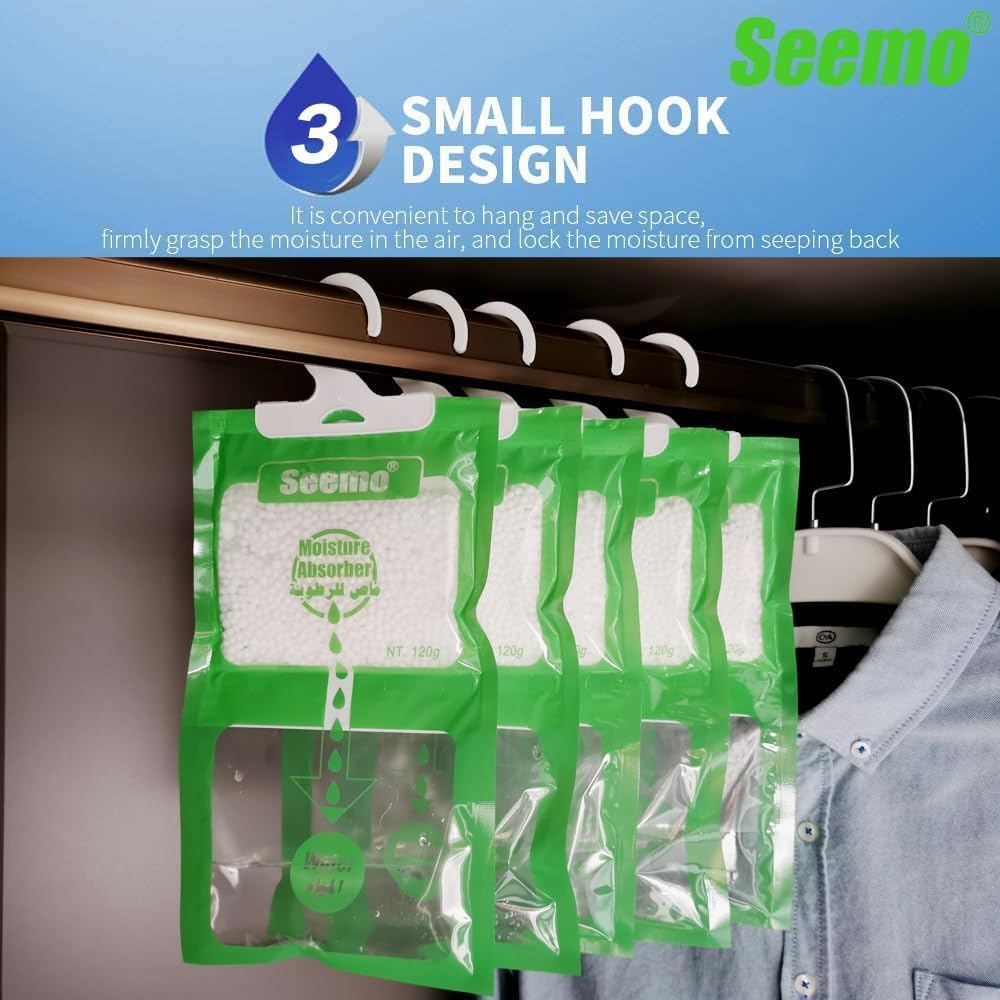 Seemo Moisture Absorber and Odor Eliminator Hanging Bags to Rid Damp in Closet,10 Pack(120gms each), Cars, Wardrobes, Basement, Safe, Gym Bag, Humidity Bags for Closet and wardrobes