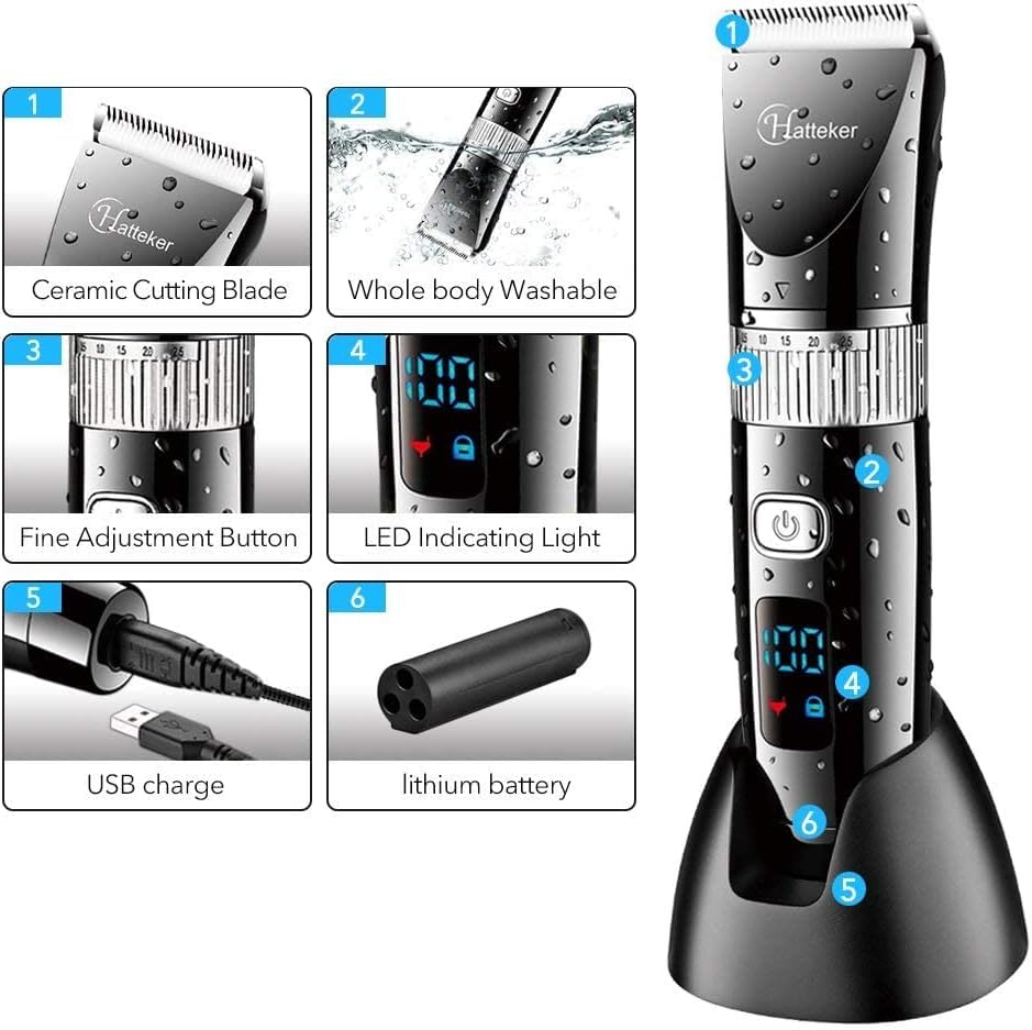 Hatteker Kingbox Professional Clipper Cordless Clippers Hair Trimmer Beard Shaver Electric Haircut Kit Ceramic Blade Waterproof Rechargeable Battery Led Display For Men And Family Use | Black
