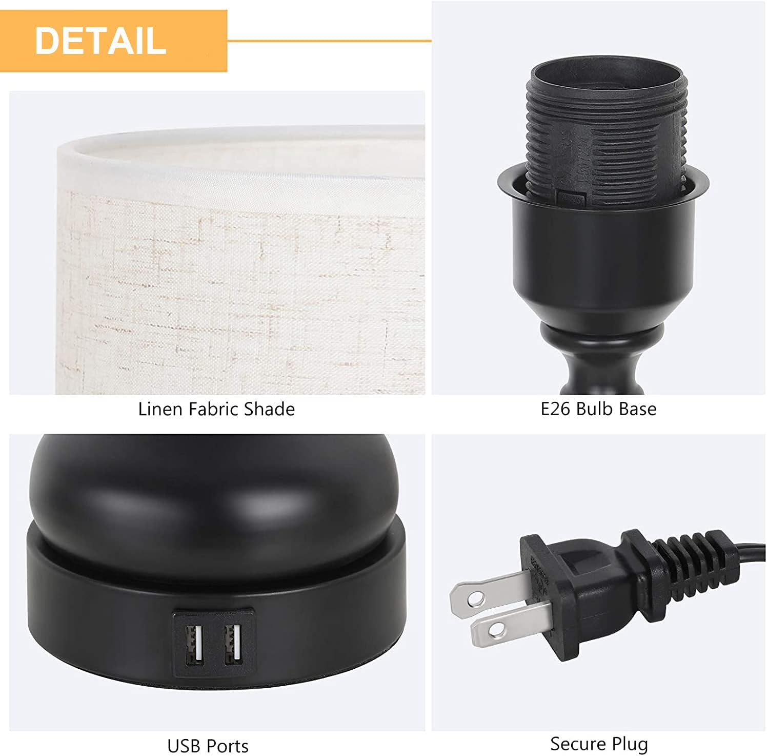HAITRAL Touch Lamps for Bedroom with Dual USB Ports- Bedside Lamps with USB Port, Nightstand Lamps with Linen Fabric and Black Vase Base Lamps for Bedroom,Table Lamps for Living Room,Dorm-Without Bulb