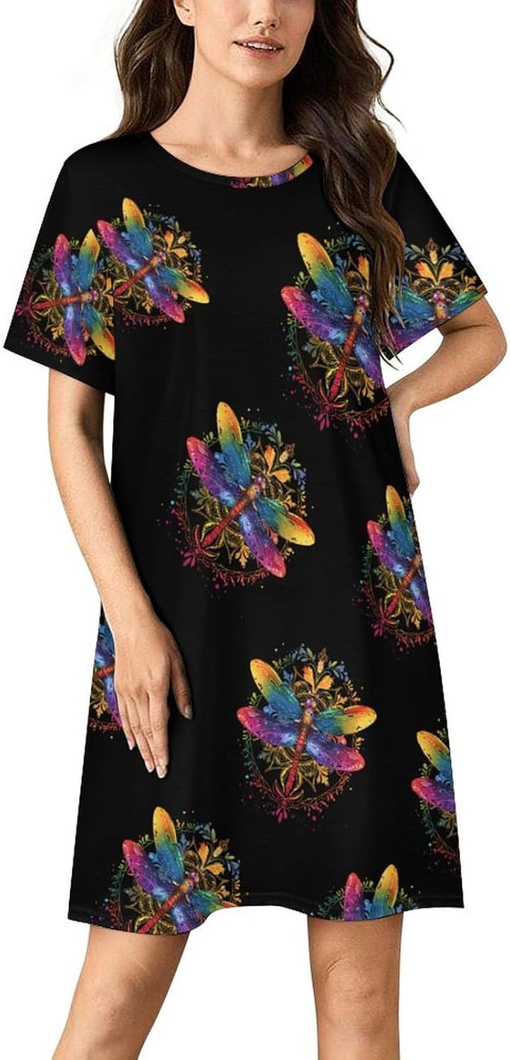 Mandala Dragonfly Chakra Dragonflies Womens Nightgown Short Sleeve Sleepshirts Loungewear