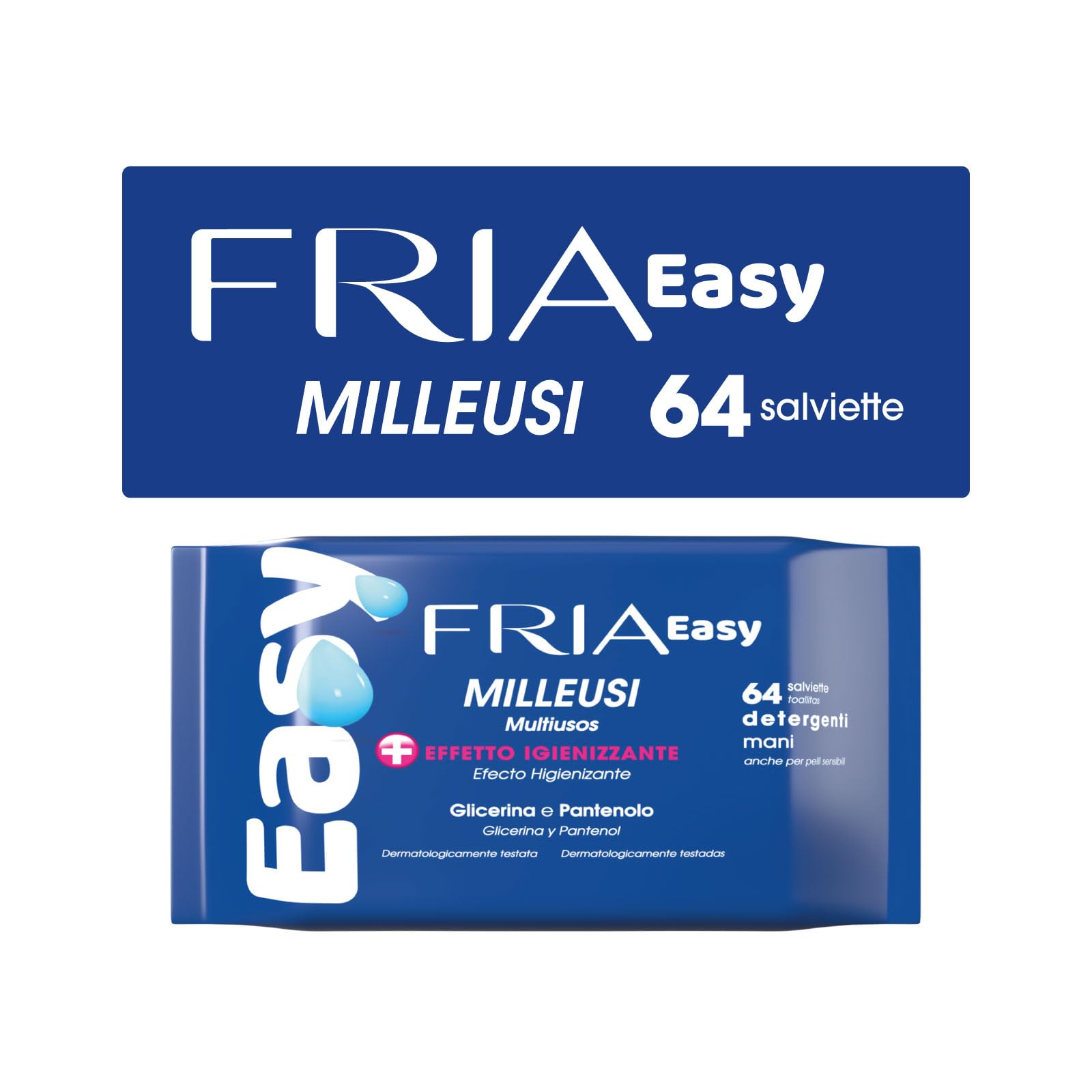 Fria Easy Salviette Milleusi, con Glicerina e Pantenolo ad Effetto Igienizzante sulla Pelle, Dermatologicamente Testate, Confezione da 64 Salviette