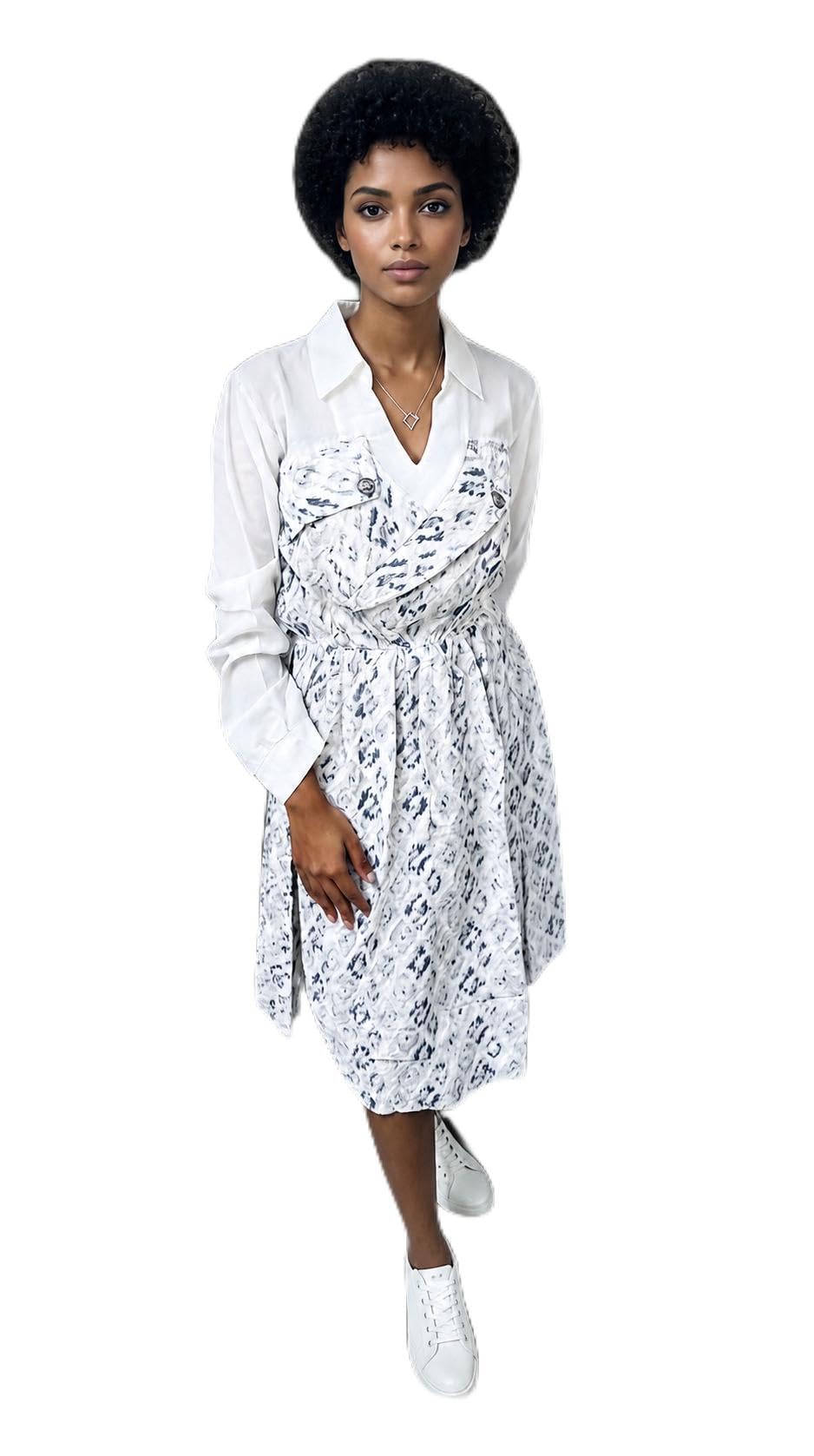 Ambaa Women's White Abstract Printed Layered Midi Dress-picture-22