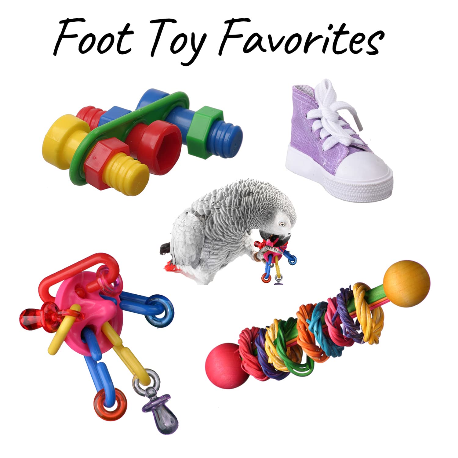 Super Bird Creations SB50013 Favorite Bird Foot Toys Assortment - Engaging Variety Pack for Medium to Large Birds - Ringnecks Quakers Parros - Stimulating Foot Exercise & Satisfies Foraging Behavior