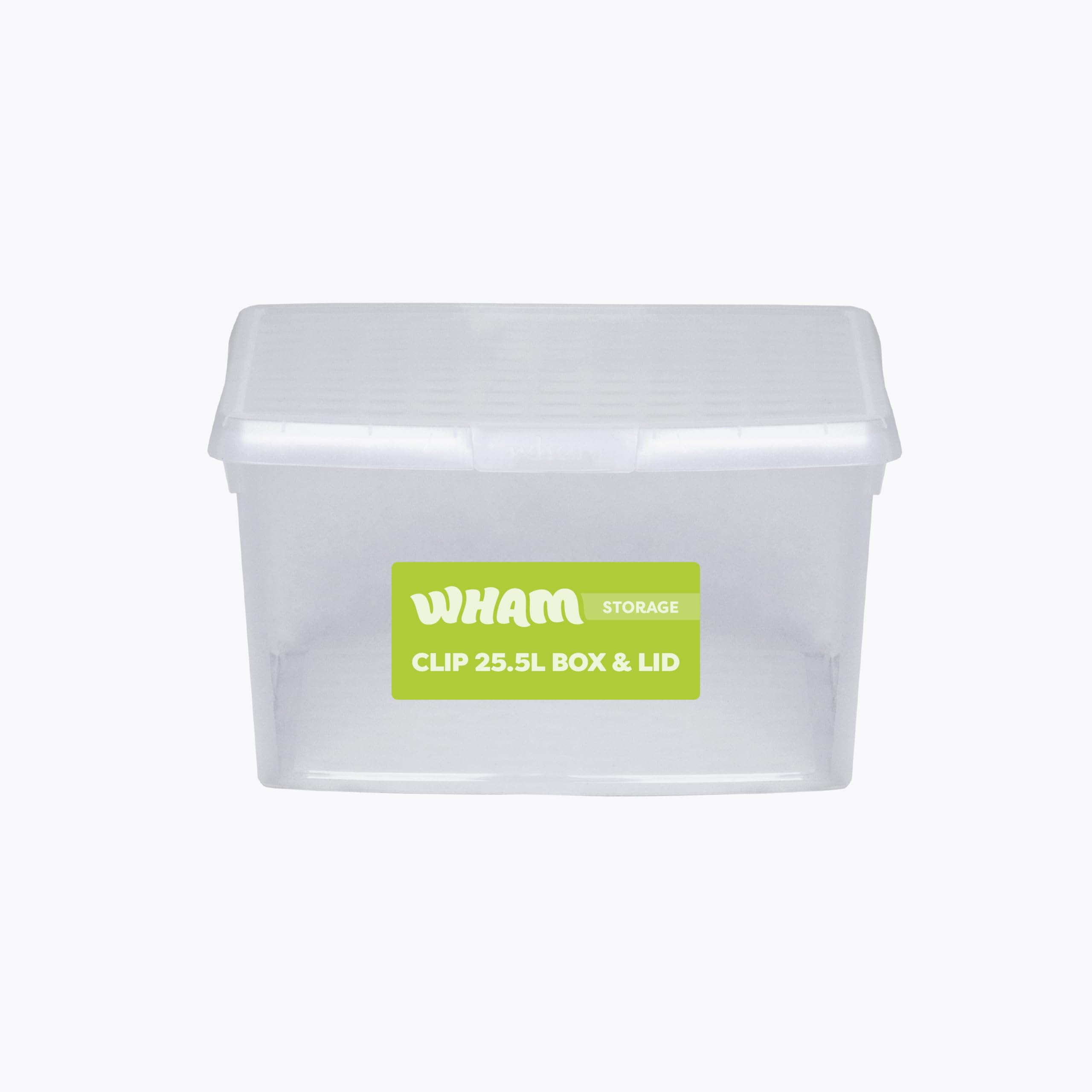 Wham Clip 25.5L Square Stackable Plastic Storage Box with Lid | Ideal for Home, Office, Toys & More | Storage Container with Clip Lock | Made in UK - Clear/Clear
