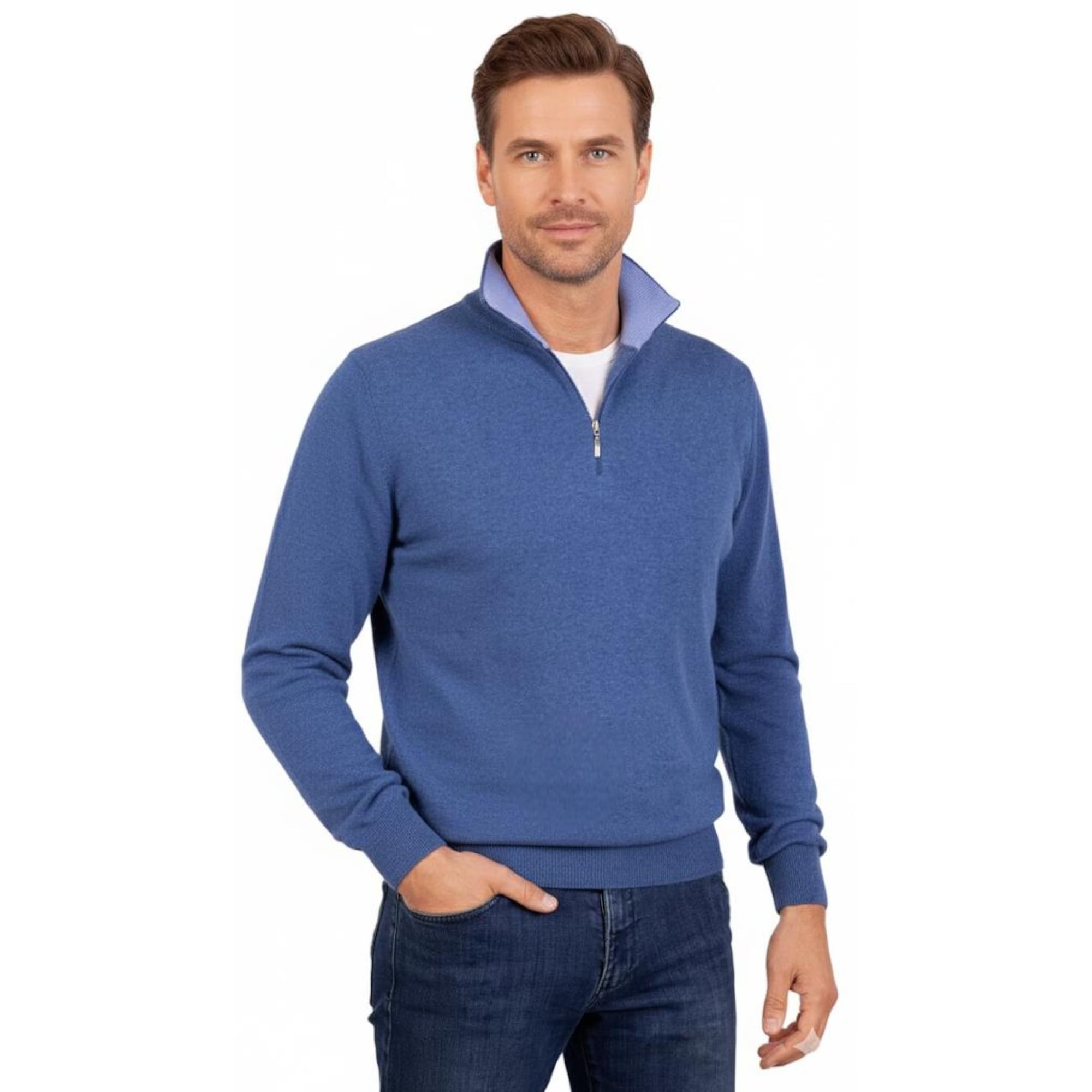 Men's Zip Up Turtleneck mere Blend Silk Made in Italy Sweater Half Zip Pullover Long Sleeve Merino Wool mere Sweater Beige Blue Grey Knit Winter Clothing Gift, denim, L