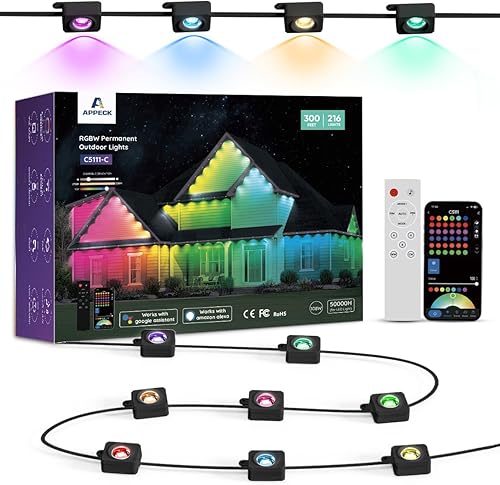 Miniatura 11 de APPECK Luces permanentes para exteriores de 400 pies con 288 luces LED, 144 W, luces inteligentes RGBW de 144 W, CC 36 V, 40 LM, tira de luces