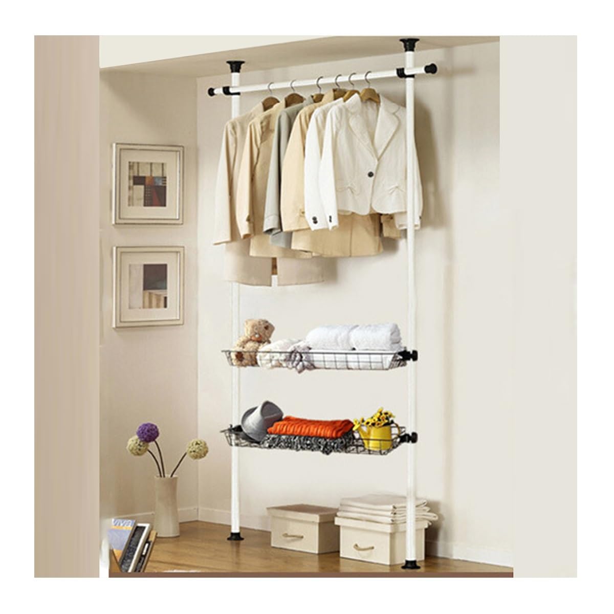Organizzatore per Guardaroba Telescopico, Appendiabiti Bianchi Regolabili for Appendere i Vestiti, Appendiabiti for Impieghi Pesanti a Doppio Livello, Sistema di Armadio Autoportante (Color : White,